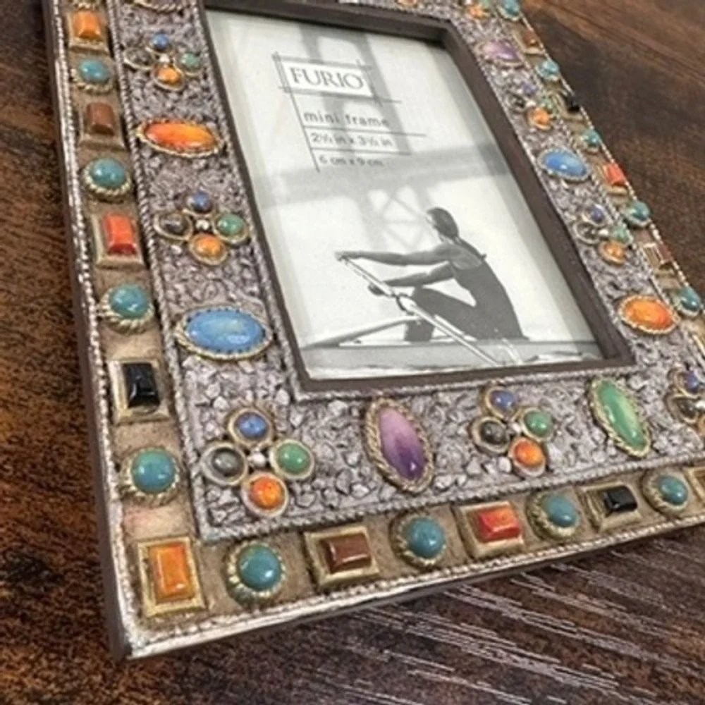 NEW Furio Mini Picture Frame Jeweled Boho Silver Tone Metal ‎ Colorful Stones